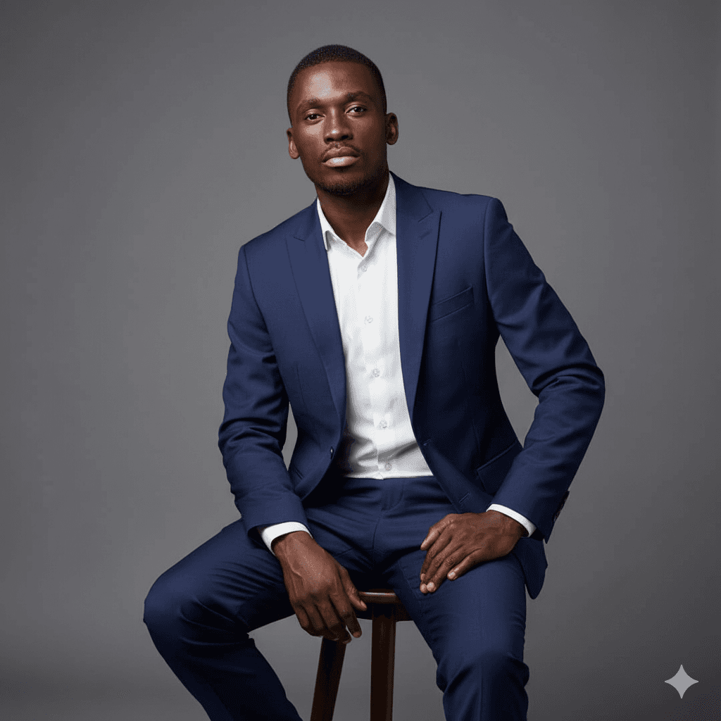 Homme noir élégant en costume bleu marine et chemise blanche assis sur un tabouret.