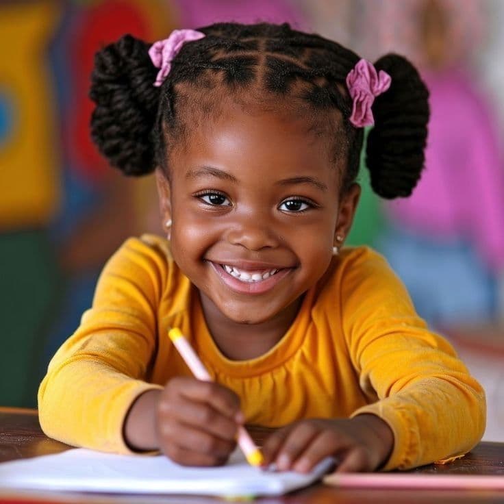 Fillette noire souriante en haut jaune, dessinant avec un crayon sur une feuille blanche.