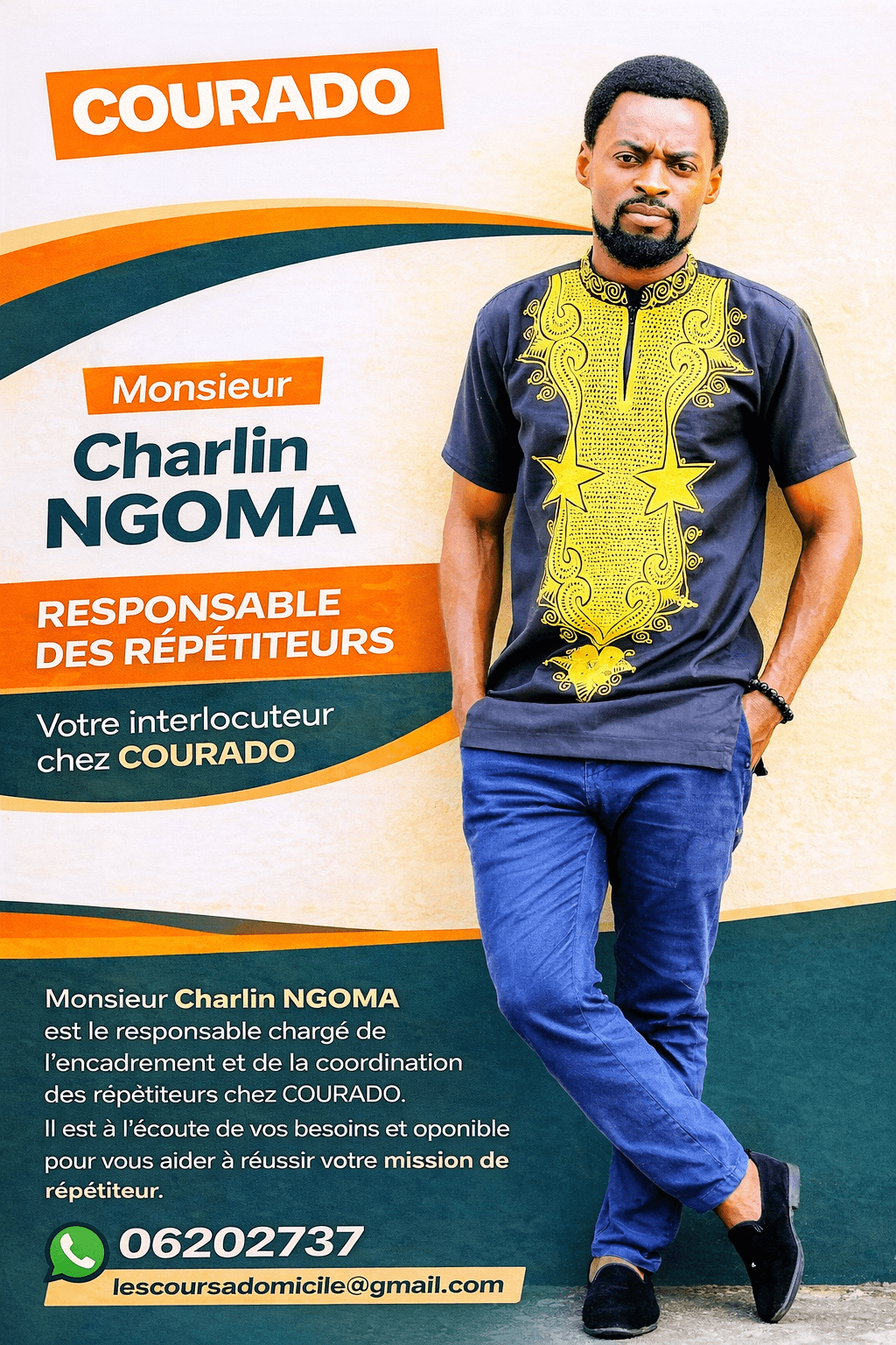 Charlin NGOMA, responsable chez COURADO, pose en chemise brodée sur une affiche promotionnelle colorée.